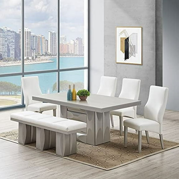 Kings Brand Furniture Avilla 6-Piece Pedestal Dining Set, Wood Table, 4 Vinyl Chairs & Bench, Champagne/White – Ideal for Dining Rooms