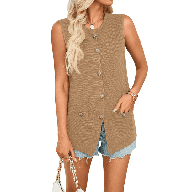 Suéter de Verano 2025 para Mujer, Chaleco de Punto Sin Mangas, Cárdigan con Botones, Camisetas Sin Mangas, Color Caqui, Talla L