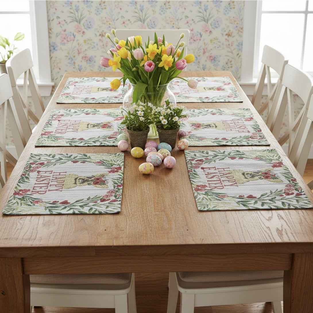 Serafina Home Placemats Happy Easter Bunny Yellow Polyester Rectangular Set of 6 13" x 19"