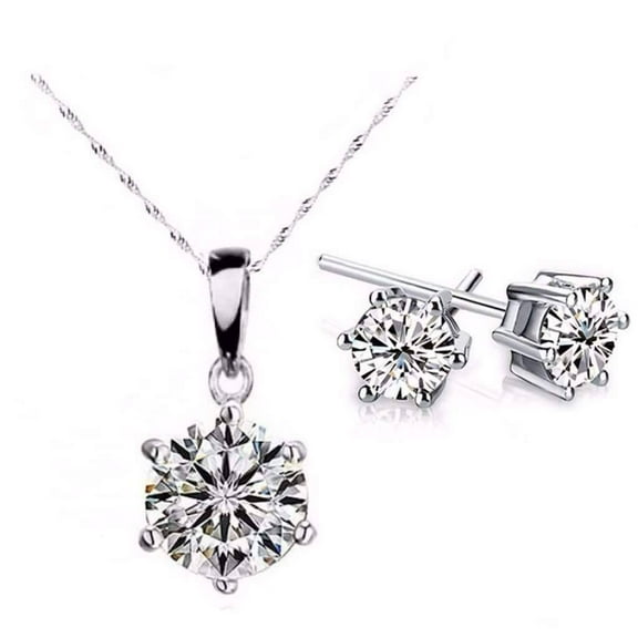 18K White Gold Plated Splendid Solitaires Round IOBI Crystals 2CT Necklace and 1CT Earrings Set For Woman