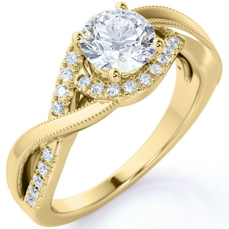 JeenMata Elegant 1 Carat - Round Moissanite - Pave - Twisted Band - Infinity - Swirl Engagement Ring - 18K Yellow Gold over Silver