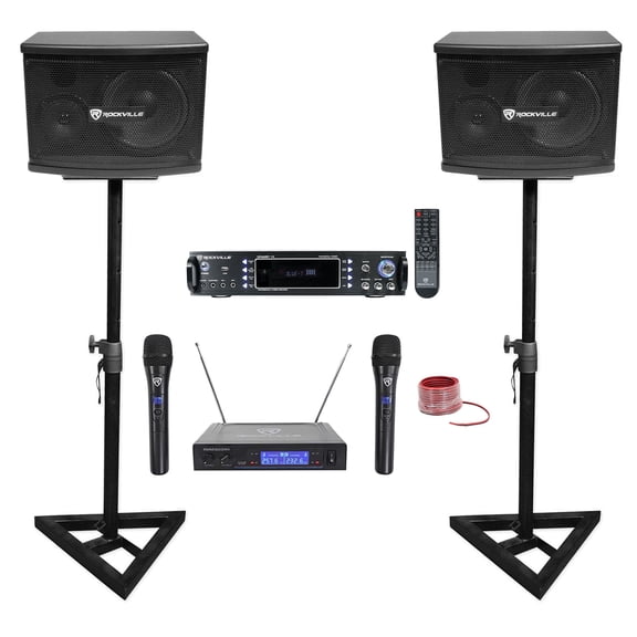 Rockville KPS65 Karaoke Bundle: 6.5 Inch Speakers, RPA60BT Amplifier, RVSM1 Stands, Wireless Mics, Wire Kit Pro, 6-items