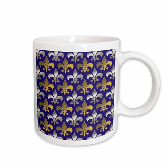 3drose, Gold and Silver Colored Fleur De Lis Pattern Royal Purple Background, 15oz Mug