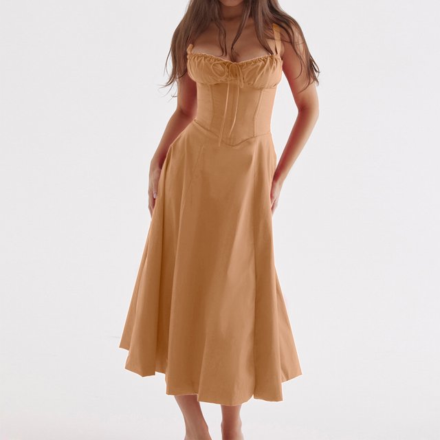 Vestido Midi Vestido Vestido Midi Bandge para mujer Sin espalda Moda Verano Vestido elegante Cóctel (Camel L) Ygjytge para Mujer Camello T M