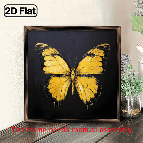 2D Flat, Rustic Farmhouse Butterfly Wall Art - 8x8 Inch Wooden Frame with Vibrant Yellow Black Butterfly Design, Perfect for Home, Bedroom, or Living Room Decor, Ideal Holiday Gift, Butterfly Deco