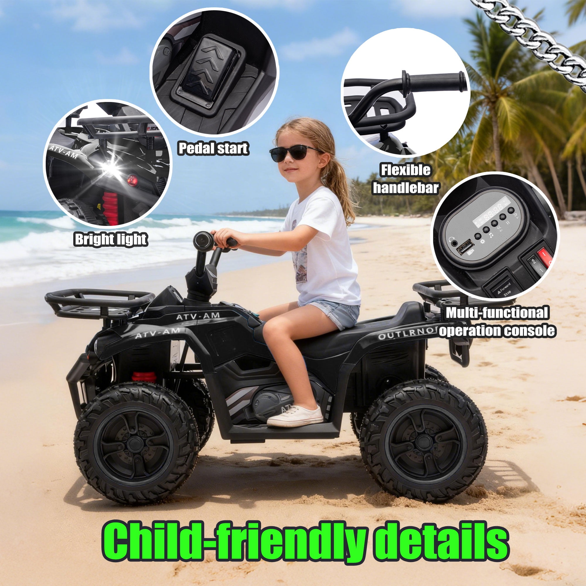 iYofe 24V Big Kids Ride on ATV Quad, Electric 4 Wheeler for Kids 3-6 with Battery Display, Anti-Slip Tires, LED Headlights, Bluetooth, MP3, Storage Racks, Gifts for Birthday & Christmas, Black