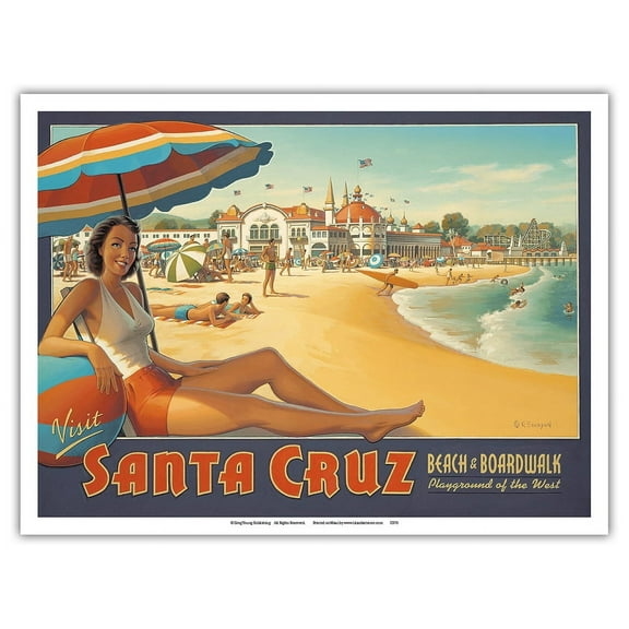 Visit Santa Cruz California - Beach & Boardwalk - Playground of the West - Vintage Travel Poster by Kerne Erickson - Master Art Print (Unframed) 9in x 12in