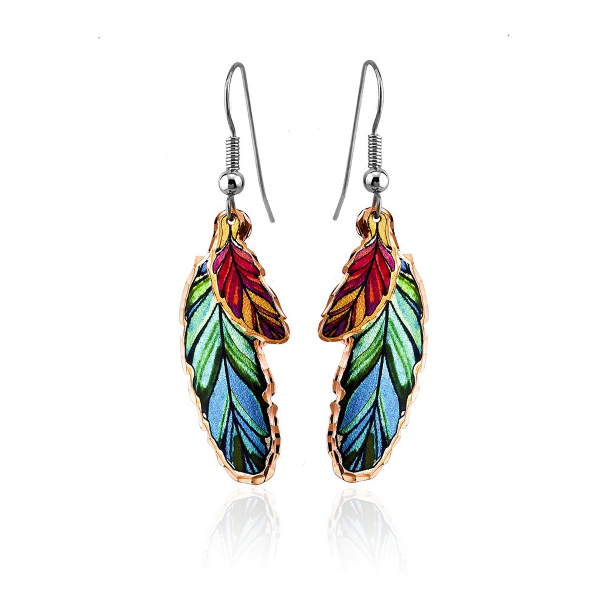 FRONT LINE JEWELRY Double Feather Dangle Drop Earrings in Blue and Red