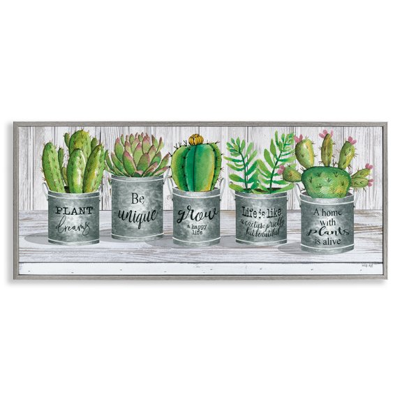 Stupell Industries Succulents with Plant Life Puns Inspirational Painting Gray Framed Art Print Wall Art, 30 x 13