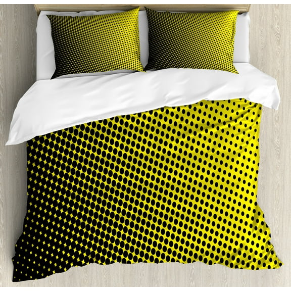 Yellow Duvet Cover Set, Ombre Pattern Background Dots from Big to Small Art Geometric Arrangement, Decorative 3 Piece Bedding Set with 2 Pillow Shams, Queen Size, Yellow and Black, by Ambesonne
