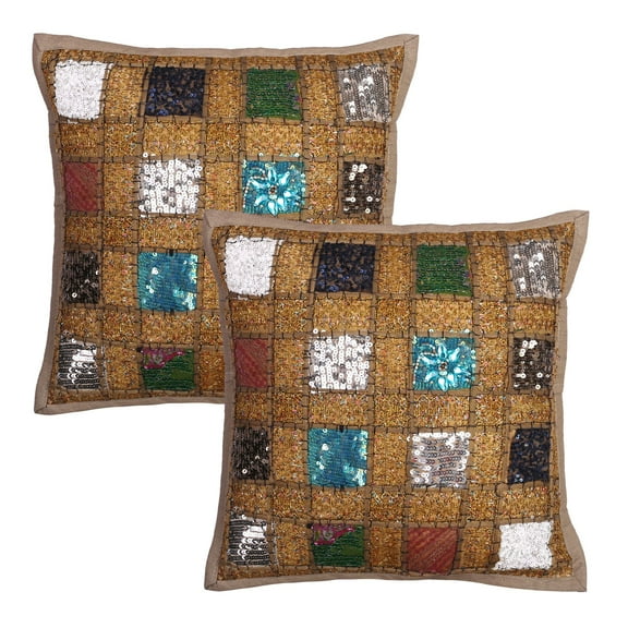 Stylo Culture Indian Settee Sofa Throw Pillow Covers 16 x 16 Sequins Patchwork Khaki Ethnic 40x40 cm Home Decor Cotton Geometric Square Cushion Covers | Set Of 2