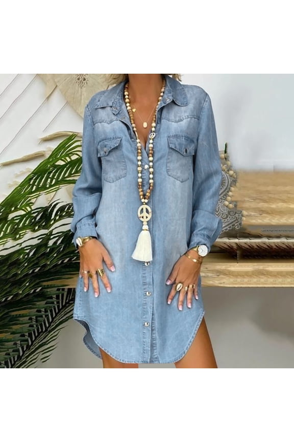 U Womens Summer Denim Button Down Shirt Dress ,Classic Vintage Dresses with Pockets Blue,Womens Plus L
