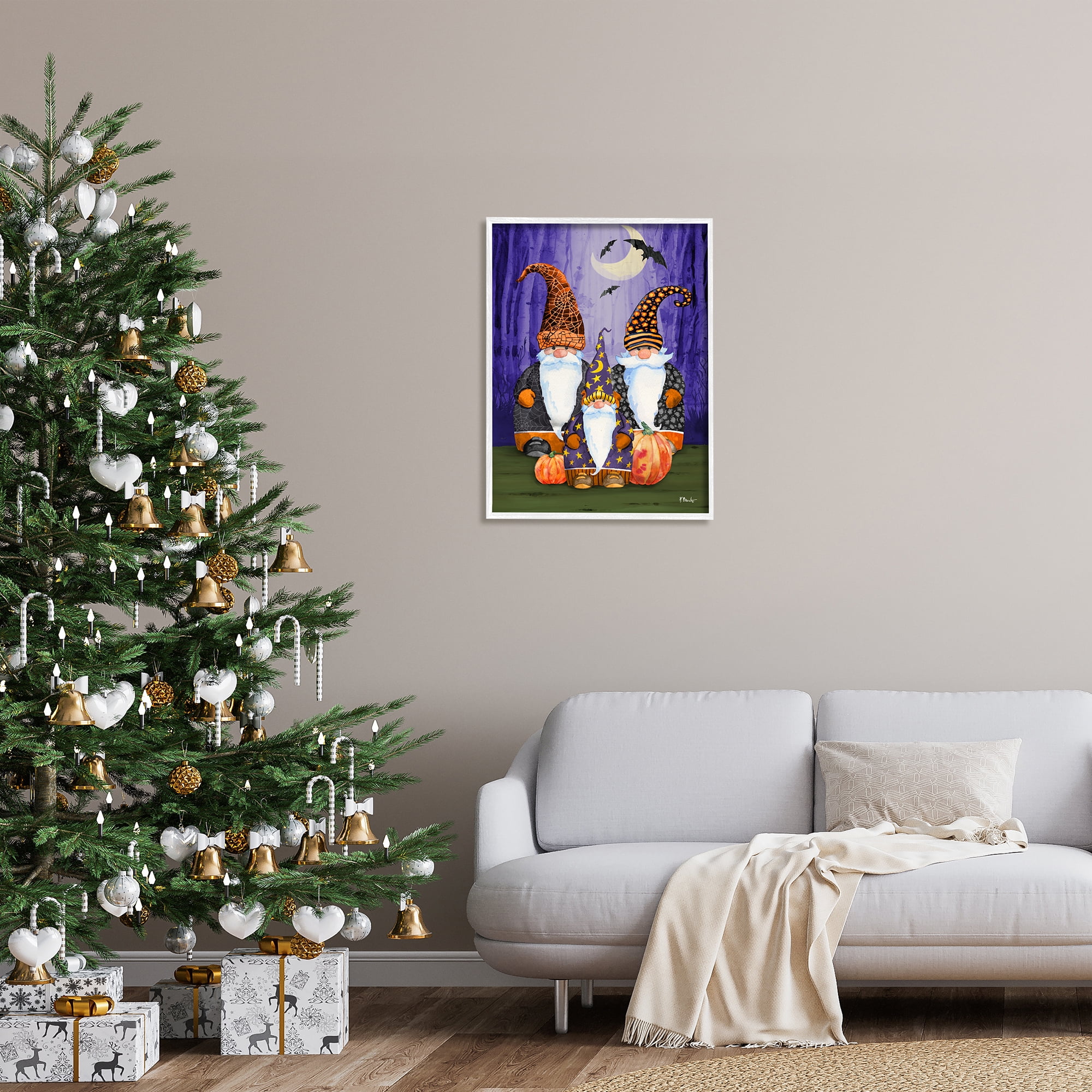 Stupell Industries Three Halloween Gnomes Holiday Painting White Framed Art Print Wall Art, 24 x 30
