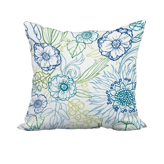 18 x 18 Inch Zentangle 4 Color Blue Floral Print Decorative Polyester Throw Pillow with Linen Texture