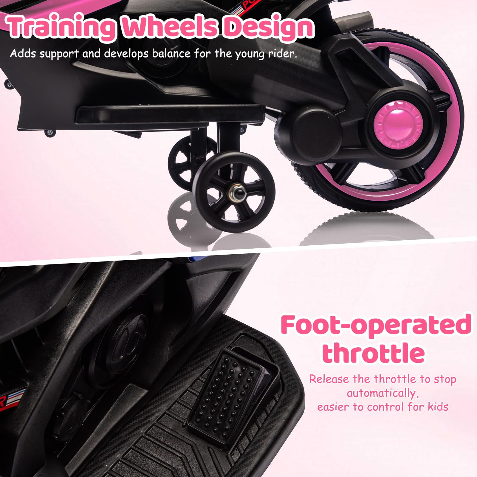 Roromall 6V Ride On Motorcycle, Battery Powered Ride On Toys w/Treaded Tires, Working Headlight, Horn, Music, Training Wheels, Stable Electric Motorcycle