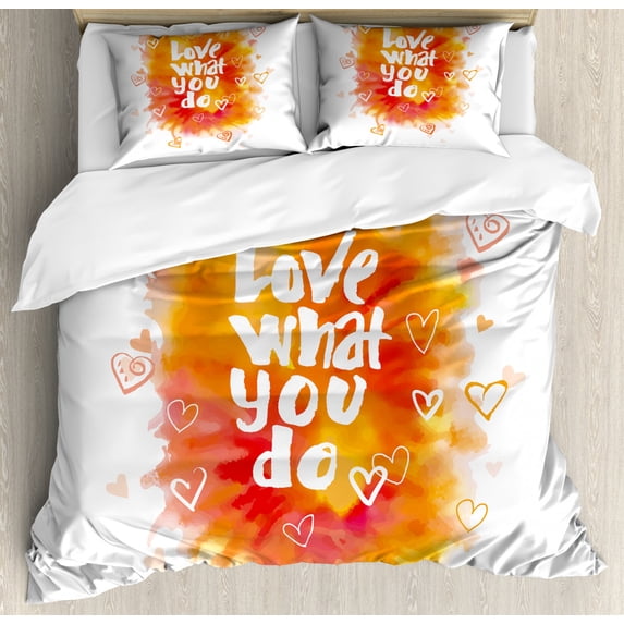 Love What You Do Duvet Cover Set King Size, Warm Color Splash Background with Hand Drawn Hearts, Decorative 3 Piece Bedding Set with 2 Pillow Shams, Orange Yellow White and Vermilion, by Ambesonne