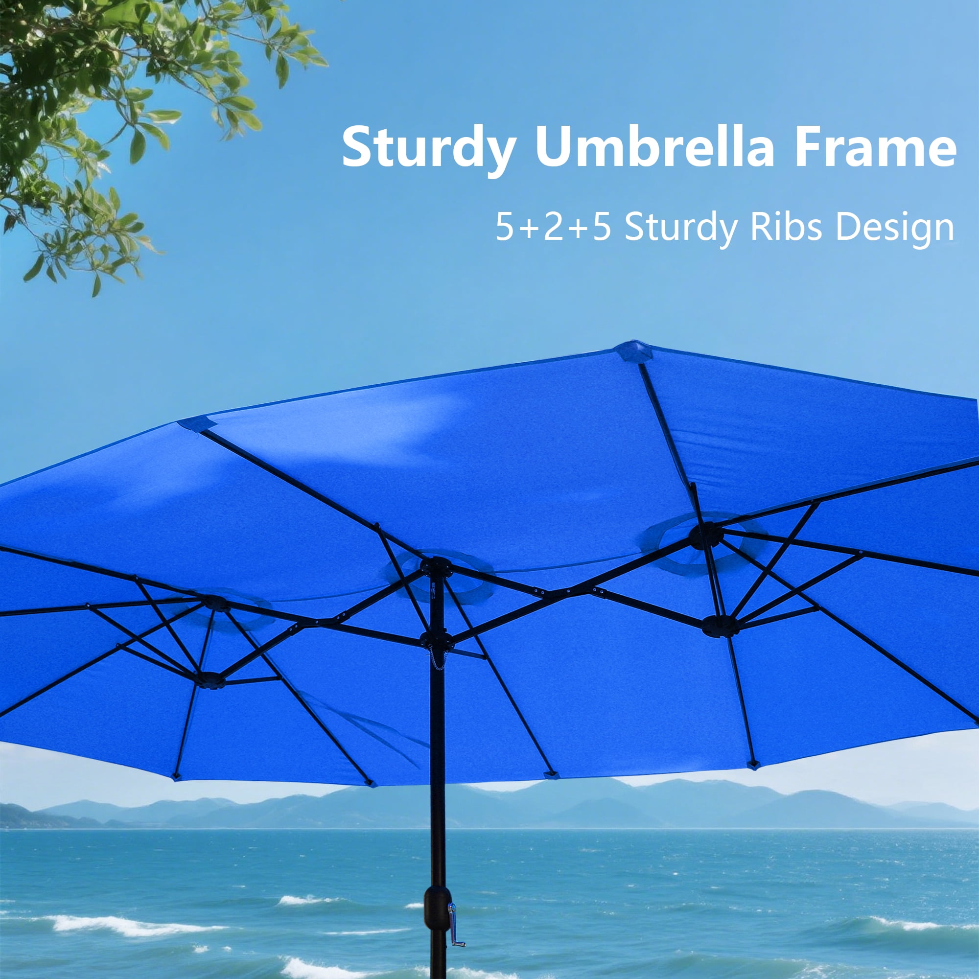 Abble 15x9 ft Large Double Sided Rectangular Patio Market Umbrella with Crank Lift - Heavy Duty Steel Sun Shade in Navy