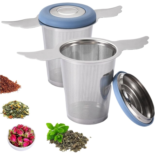 WWS-2 Pcs Infuseur à Thé en Maille Extra Fine avec Couvercle/plateau d'Égouttement pour Thé en Vrac Rooibos, Filtre à Thé en Acier Inoxydable 304 avec Grande Capacité et Poignées Allongées, Compatible avec Tasse Pot Tasse