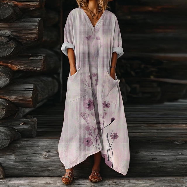 Heisall 2026 Spring Summer Boho Floral Printed Linen Maxi Dress V Neck Batwing Sleeve Oversized Kaftan Dresses with Pockets