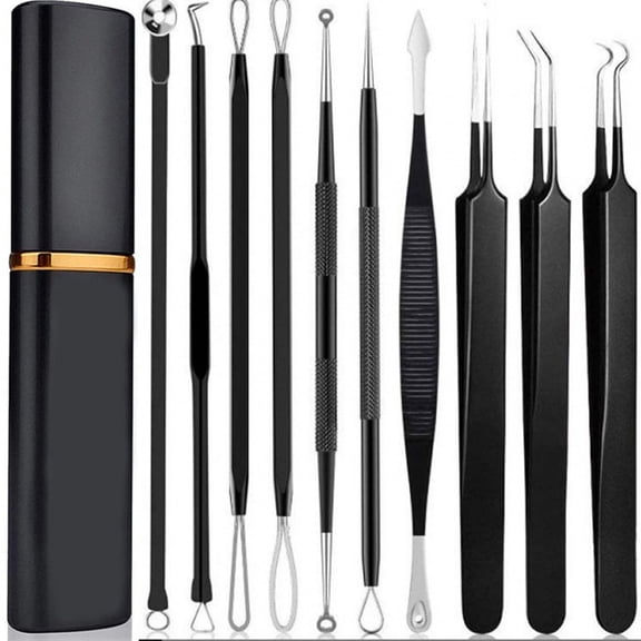 Acne Tool Set,10 Pcs Blackhead Remover Comedone Extractor Kit with Box for Quick and Easy Removal of Pimples, Blackheads, Zit Removing, Forehead,Facial and Nose (Black)