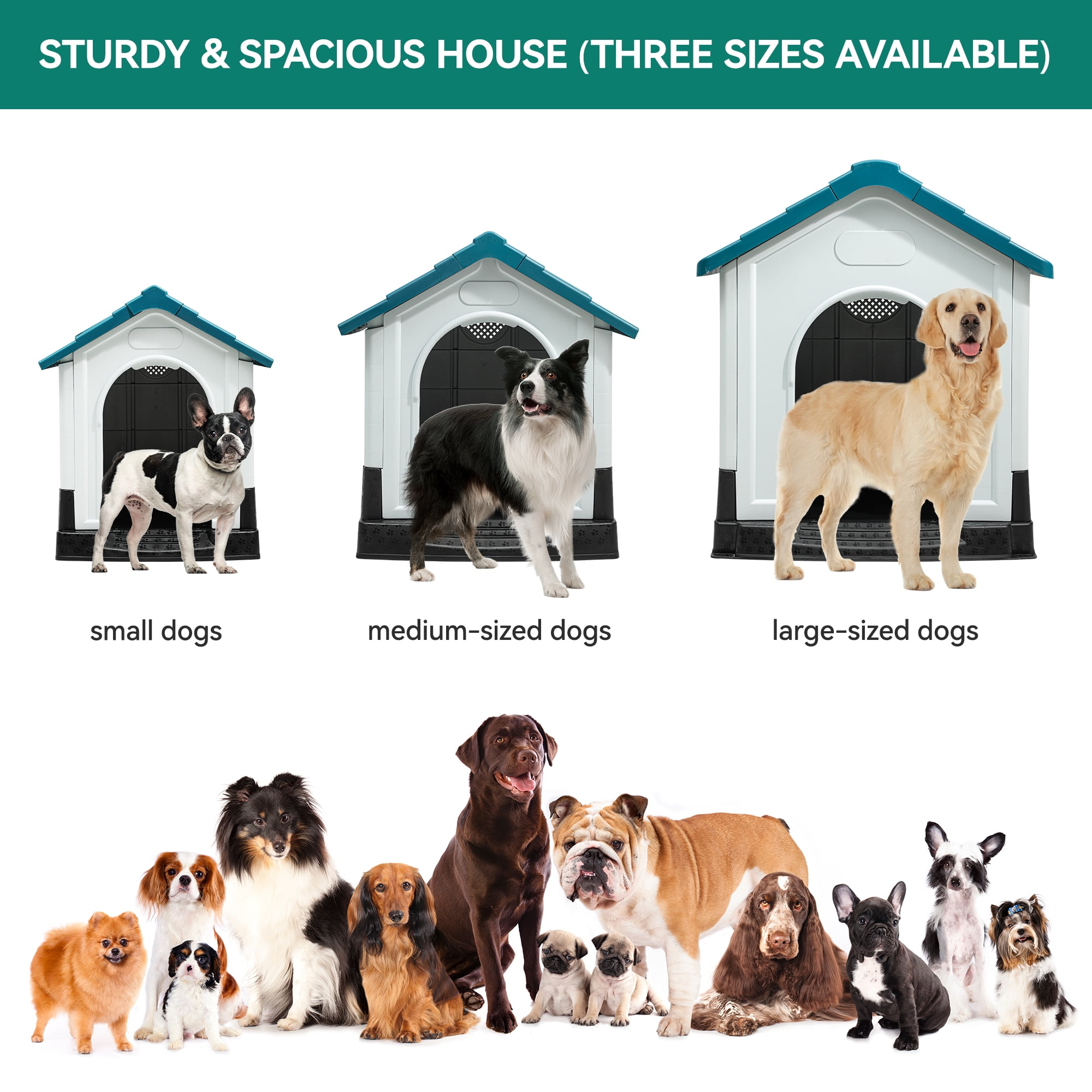 Dextrus Folding Large Dog House Outdoor Plastic Doghouse with Adjustable Skylight and Elevated Base Water Resistant Pet House for Small, Medium, and Large Dogs