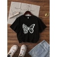 thumbnail image 2 of Girls' Casual Crew Neck Short Sleeve Knit Top, Loose Fit, with White Butterfly Alphabet Print, for Outdoor Leisure, College Style, Spring, Summer, and Autumn, 2 of 8