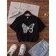 thumbnail image 2 of Girls' Casual Crew Neck Short Sleeve Polyester Knit Top, Loose Fit, with White Butterfly Alphabet Print, for Outdoor Leisure, College Style, Spring, Summer, and Autumn, 2 of 8