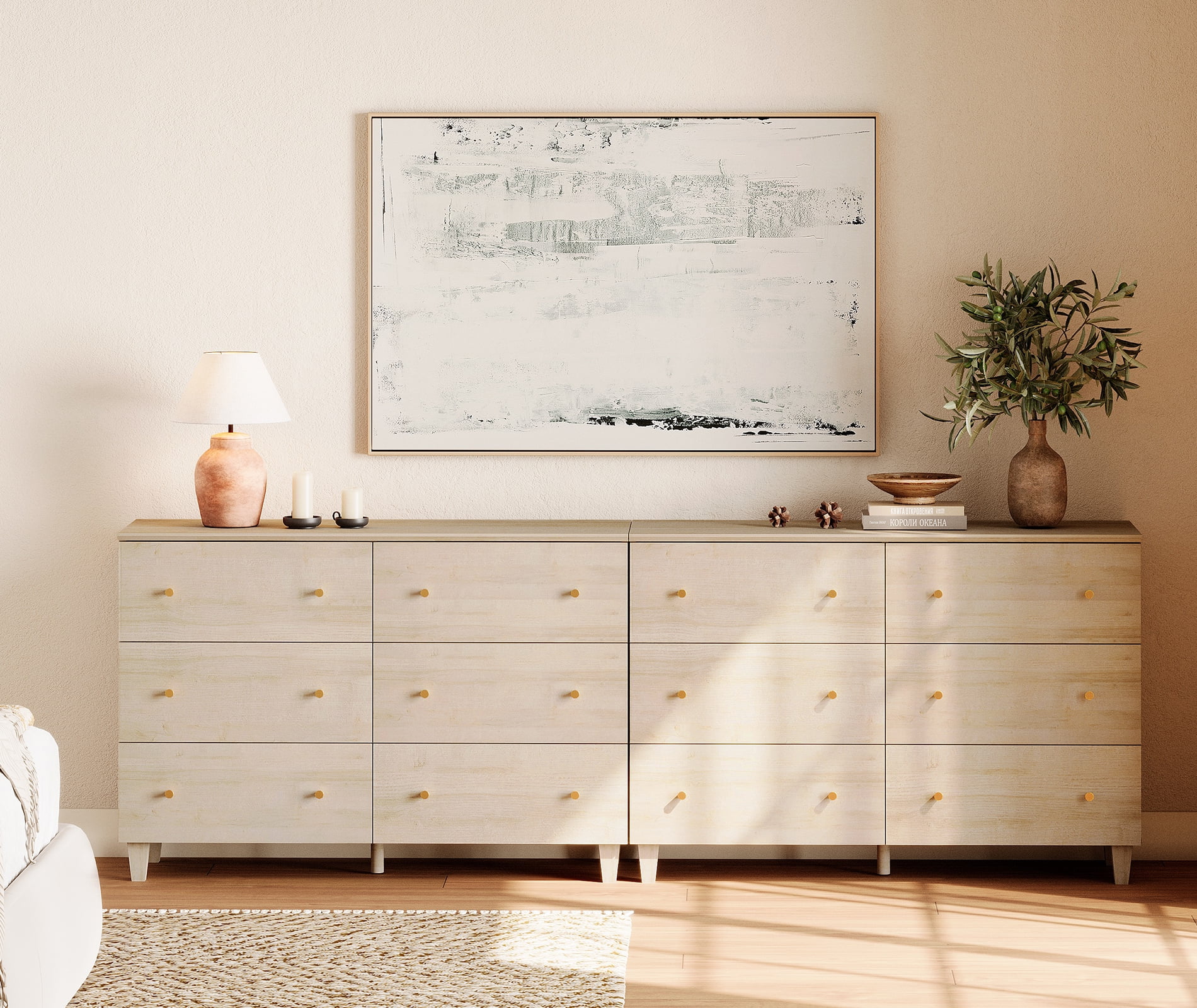 Modern 12-Drawer Double Dresser, Wooden Chest of Drawers with White Oak Wood Finish, 95" Wide