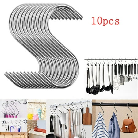 

Pudcoco 10Pcs Powerful Stainless Steel S-Shaped Hooks for Closet Work Shop Bathroom Garden Kitchen