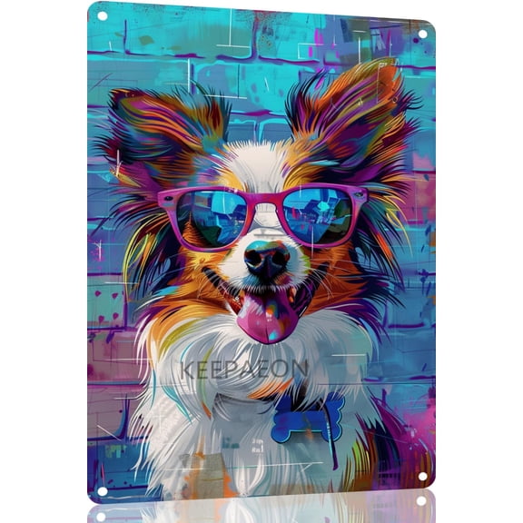 Funny 12x8 In Metal Sign Papillon Dog with Sunglasses with Wall Decor Tin Sign Art Poster Tin Sign Metal Home Bathroom Decor Animal Decor Man Cave Vintage Wall Decor(5117)