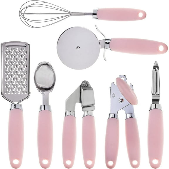 Kitchen Gadget Set Stainless Steel Utensils with Soft Touch Handles, 7 Pc. Stainless Steel, Pink