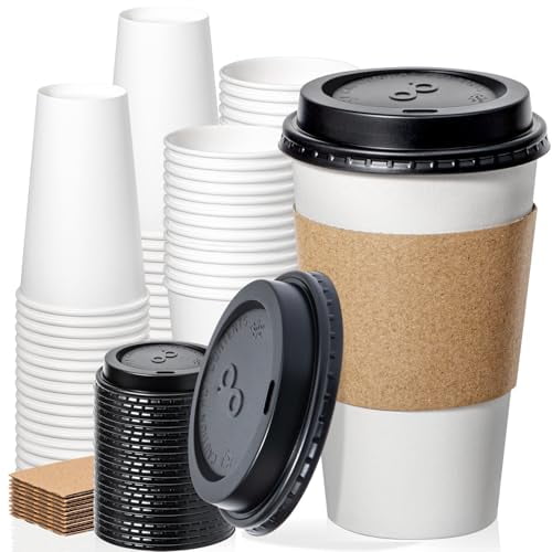 Fit Meal Prep Disposable Coffee Cups with Lids, Sleeves, Leak-Proof To Go Coffee Cups with Lids, Durable Paper Cups for Hot Beverage, Home, Office, Party 50 Pack 16 oz