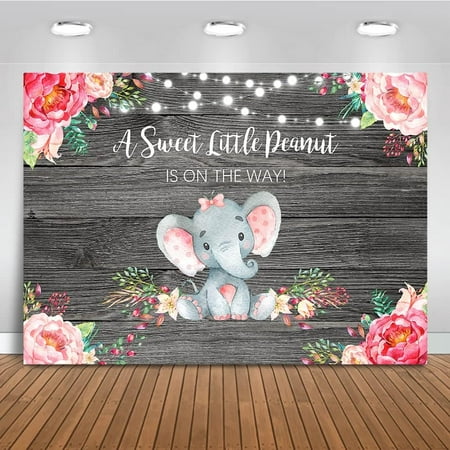 Image of Pink Elephant Baby Shower Backdrop Rustic Wood A Sweet Little Peanut Background Elephant Girl Baby Shower Party Cake Table Decoration Banner Photo Booth Props (7x5ft)