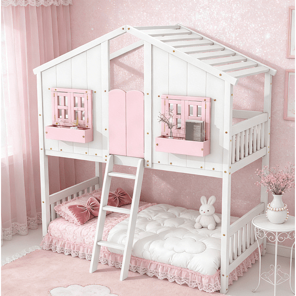 URTR Twin Over Twin House Bunk Bed with Frame, Roof, Windows, Windows Box and Small Door, Twin Size Floor Bunk Bed with Ladder and Safety Guardrails, Pink White