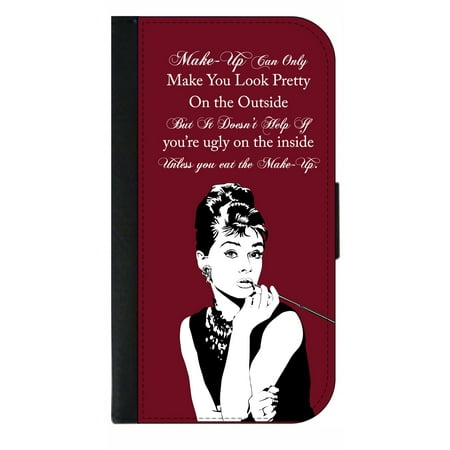 Audrey Mini Card Case Audrey Hepburn Makeup Quote on Burgundy Print - Wallet Style Cell Phone Case with 2 Card Slots and a Flip Cover Compatible with the Standard Apple iPhone 7 and 8 Universal ()
