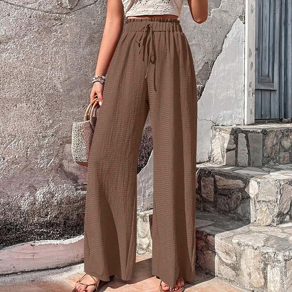 CQONEPT Linen Cotton Pants for Women Drawstring Elastic Waisted Pant Baggy Casual Lightweight Outdoor Trousers Coffee M