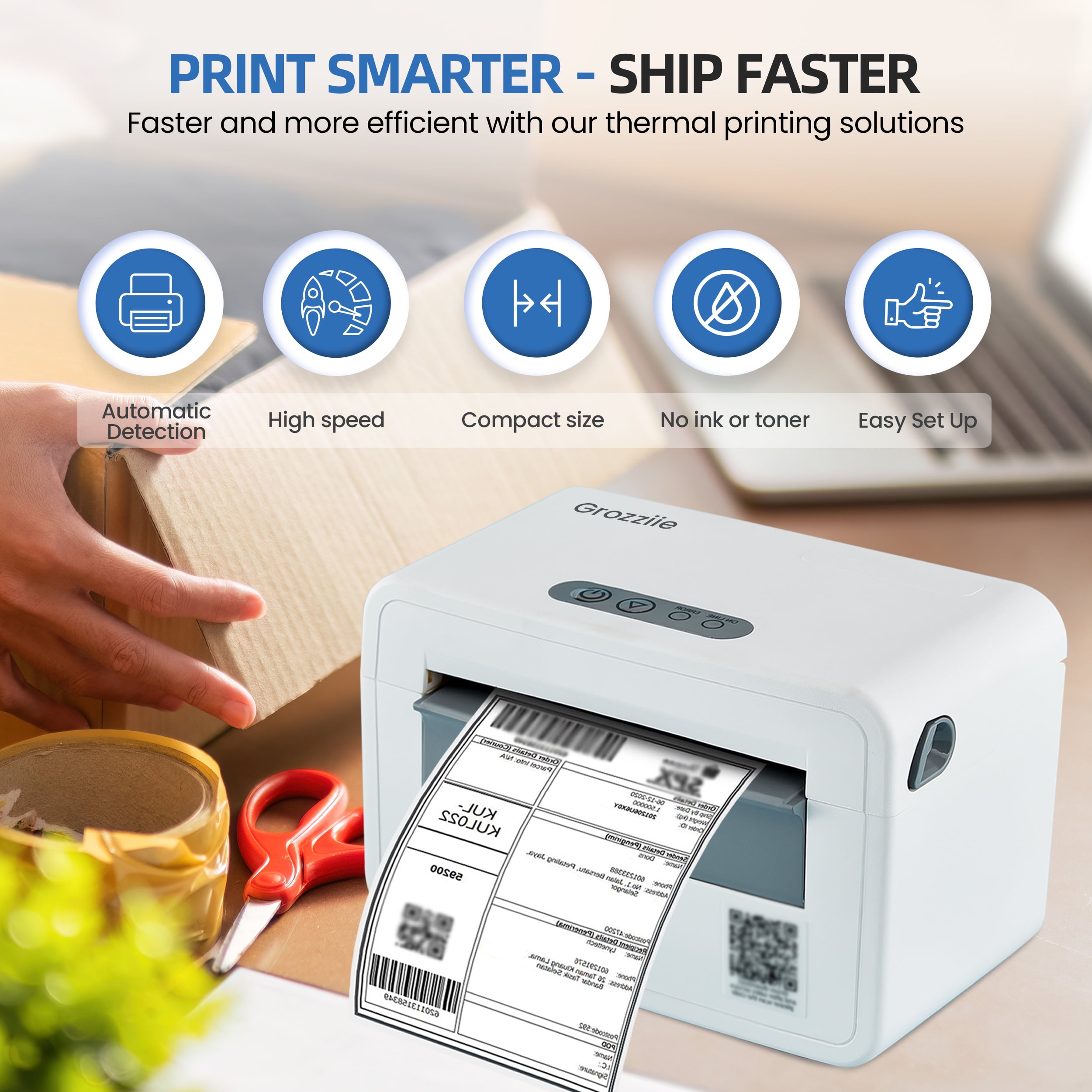Grozziie Thermal Label Printer | USB Portable 4x6 Thermal Label Printer for Shipping Package, Small Business, Warehouse, Delivery Company - Only Windows Supported