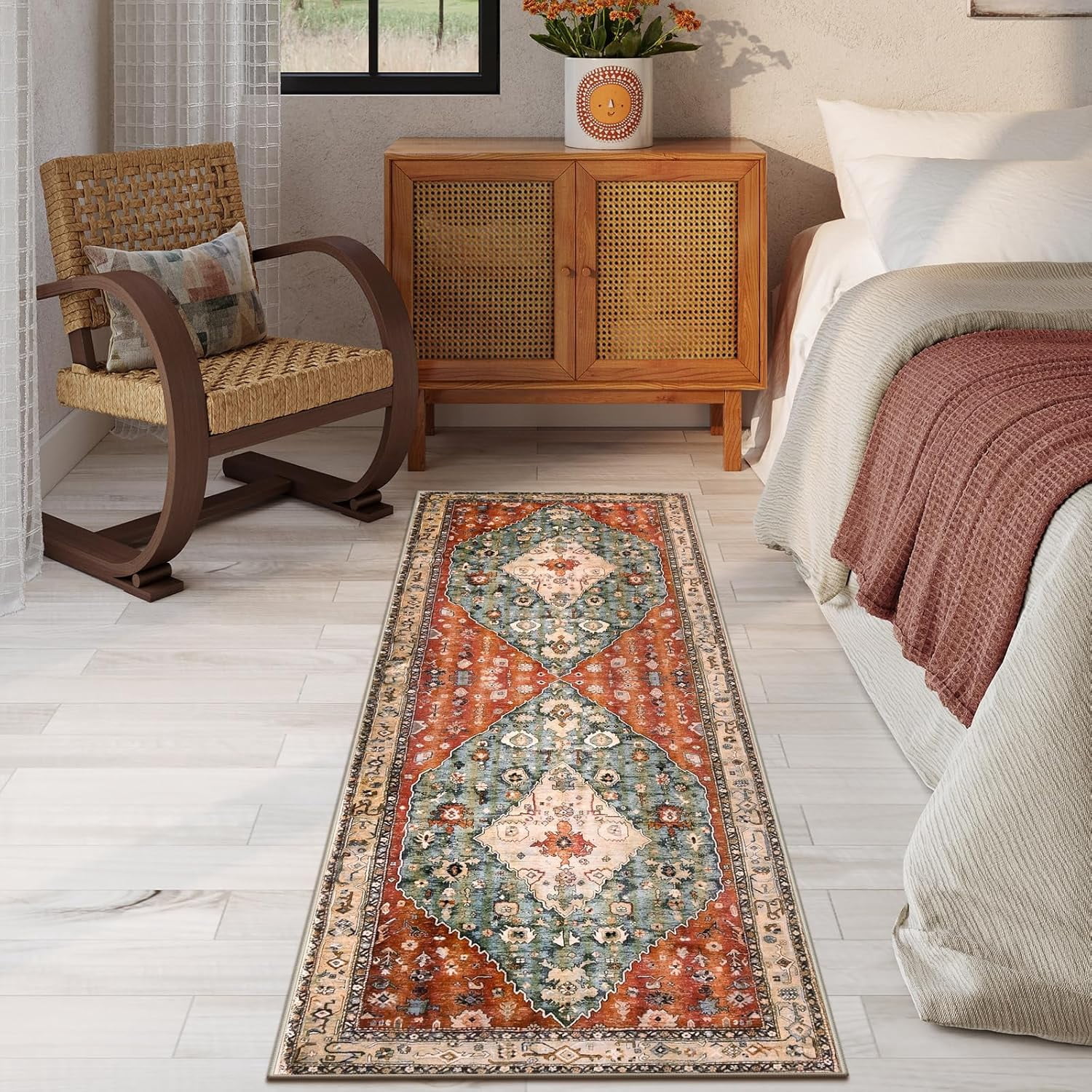 Boho Tribal 2x6 Washable Runners for Hallways Non Slip, Bohemian Kitchen Mats for Floor, Vintage Bathroom Entryway Carpet Runner for Laundry Living Bedroom (Rust/Dull Teal,2x6ft)