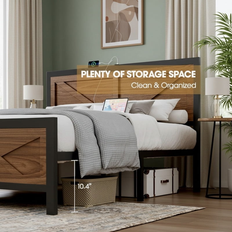 Rustic Bed Frame Full Size with Barn Door Headboard, LED Bed Frame with Charging Station, Industrial Platform Metal Bed Frames, No Box Spring Needed, Easy Assembly, Brown