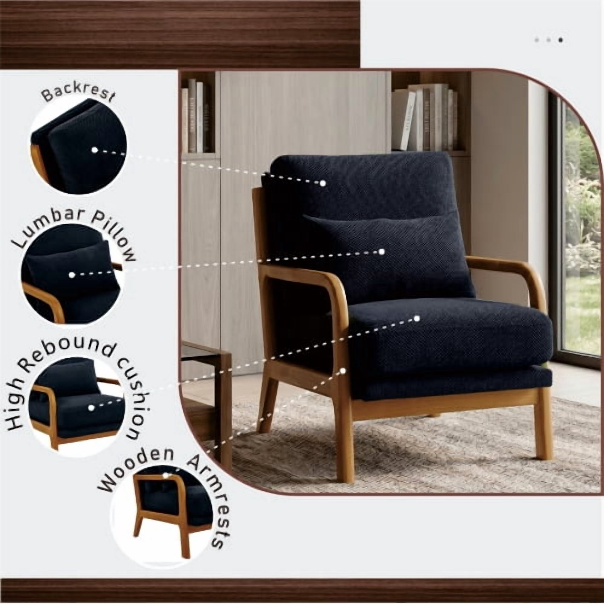 Wooden Lounge Chair with Solid Wood Armrests, Mid-Century Modern Single Sofa for Living Room, Bedroom, Balcony, Office, Black