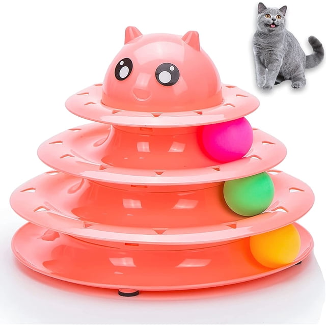 Pelota de juguete interactiva con 3 niveles para ejercitar a tu gato y divertirse con 3 bolas de colores (rosa)