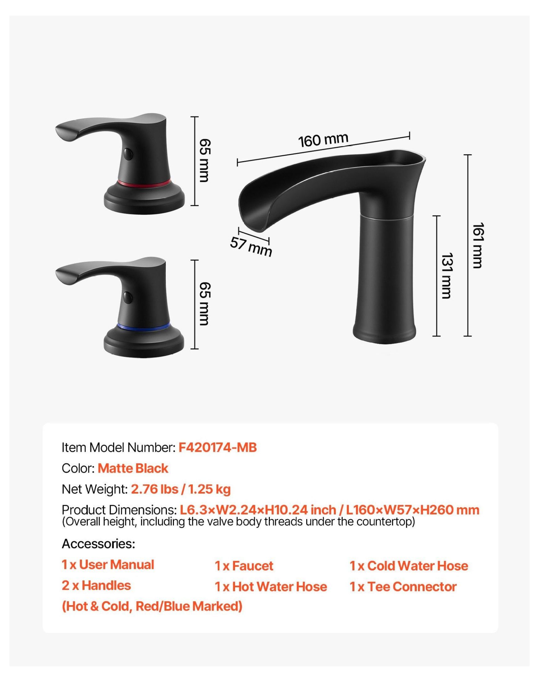Roman Tub Faucet 3 Hole, Waterfall Bathtub Faucet Zinc Alloy Matte Black, Deck Mount Tub Spout with 2 Handles for Pet, Baby & Adult Bathing, High Flow Rate
