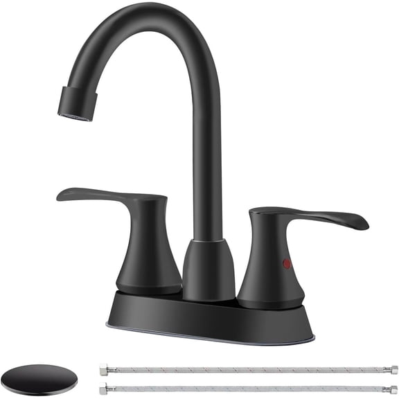 KINGO HOME 4 Inch Centerset Bathroom Faucet Matte Black, 2 or 3 Hole 2 Handle Bathroom Sink Faucet, 360° Swivel Spout with Honeycomb Aerator, Pop-Up Drain and Supply Hoses