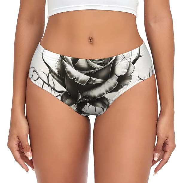 Fotbe Black And White Rose Calzones Estampados para Mujer – Ropa Interior de Algodón, Cómoda, Suave y Elástica-Large