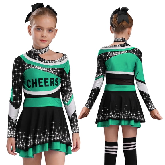 TiaoBug Cheerleading Outfits for Kids Girls Long Sleeve Mock Neck Rhinestones Cheer Top with Mini Skirt Set Green 12