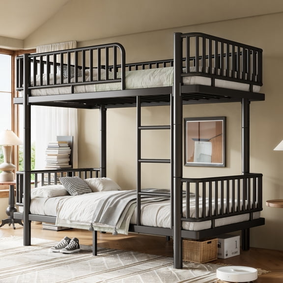 Twin over Twin Bunk Bed with Ladders & Guardrails, Metal Bunk Bed Frame with Upgraded Safety Round-Pipe Design, Can Transformed into 2 Platform Bed, Black