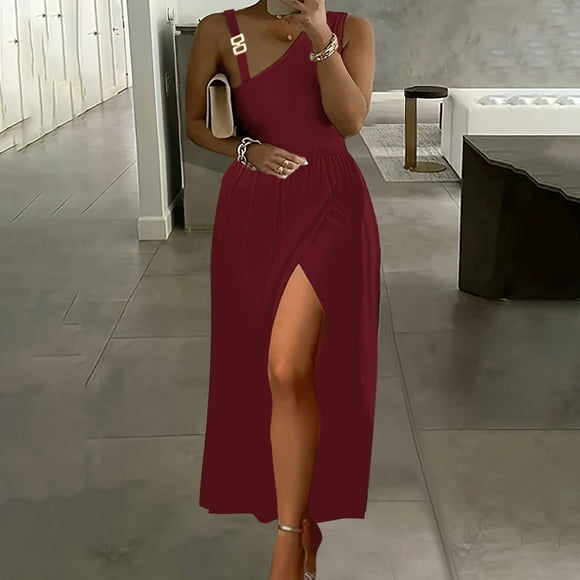 Women's One Shoulder Dress, Side Slit Midi Dress with V-Neck, Sleeveless Solid Color Casual Summer Dress