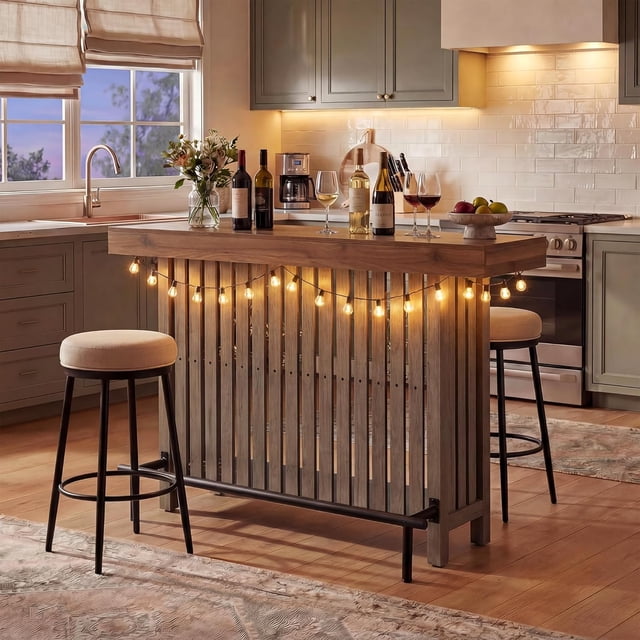 WAWOKV 3-in-1 Modern Multifunctional Dining Table, Kitchen Island Table with Footrest and Wine Rack, Table & Bar Table with Storage for Dining Room, Kitchen & Home Bar (Grey)