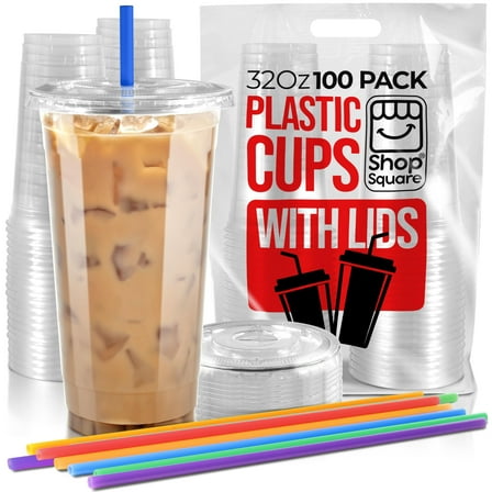32 oz Disposable Cups with Lids & Straws – 100 Pack, Perfect for Milkshakes, Boba, and Smoothies