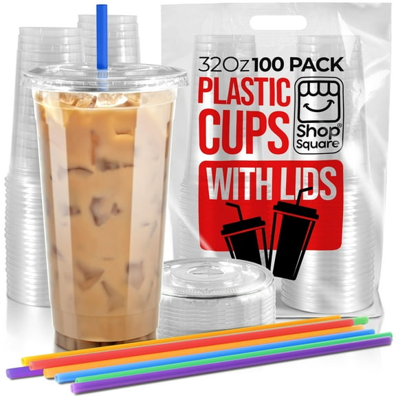 32 oz Disposable Cups with Lids & Straws – 100 Pack, Perfect for Milkshakes, Boba, and Smoothies